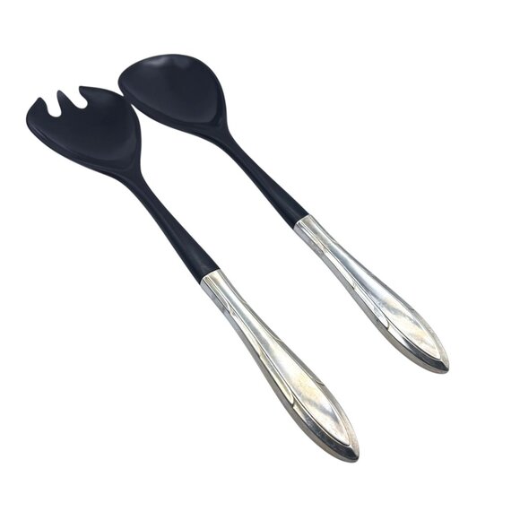 Reverie 1937 Silverplate by Oneida Salad Serving Set Black Plastic & Silver Vtg‎ - Picture 1 of 5